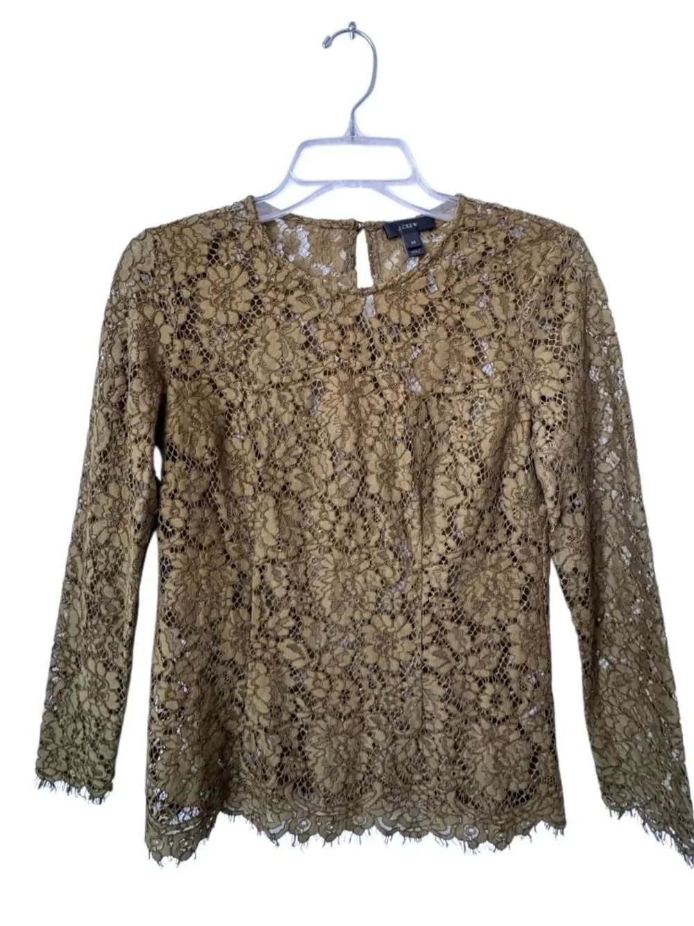 J. Crew Olive Green Floral Lace Long Sleeve Top SZ 00